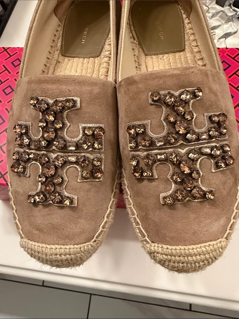 Tory Burch Beige Suede Espadrille with Embellished Logo